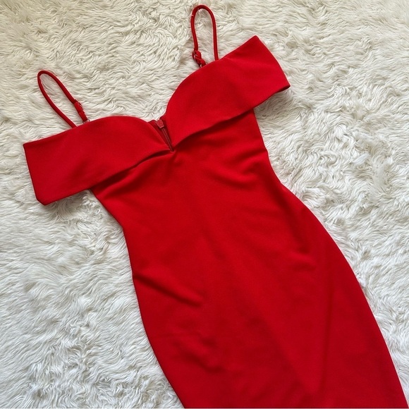 Nookie Dress Pretty Woman Midi Off The Shoulder Bodycon in Cherry Red S - Picture 5 of 11
